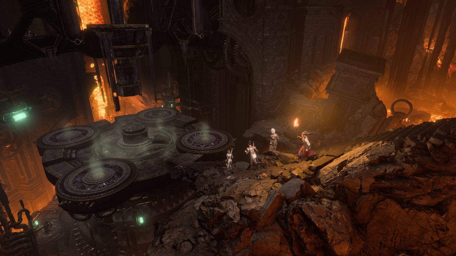 Caverna del Underdark con maquinaria antigua y el grupo de aventureros explorando, escena similar a Grymforge en Baldur's Gate 3