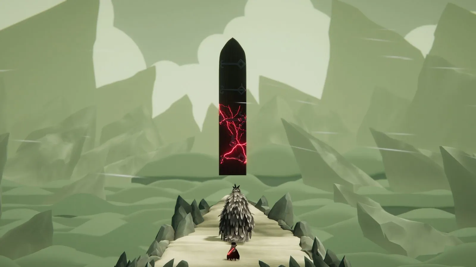 Un cuervo y una figura cubierta de plumas grises caminan por un sendero entre montañas verdes hacia una puerta negra flotante con grietas rojas brillantes
