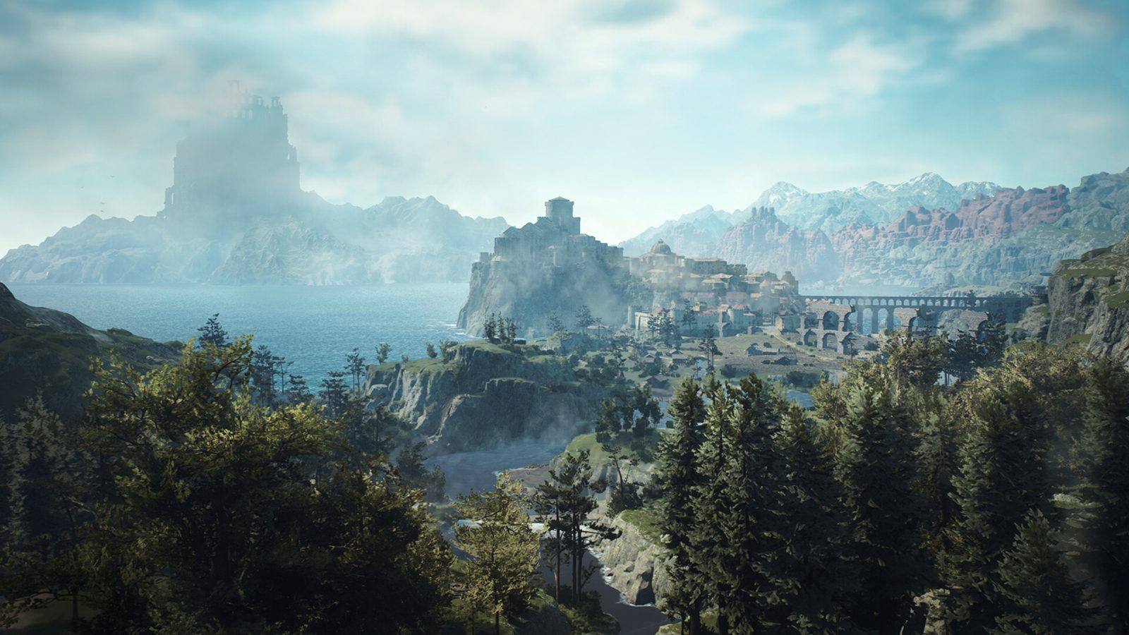 Paisaje costero de Dragon's Dogma 2 con una ciudad fortificada sobre un peñasco, un puente y montañas al fondo