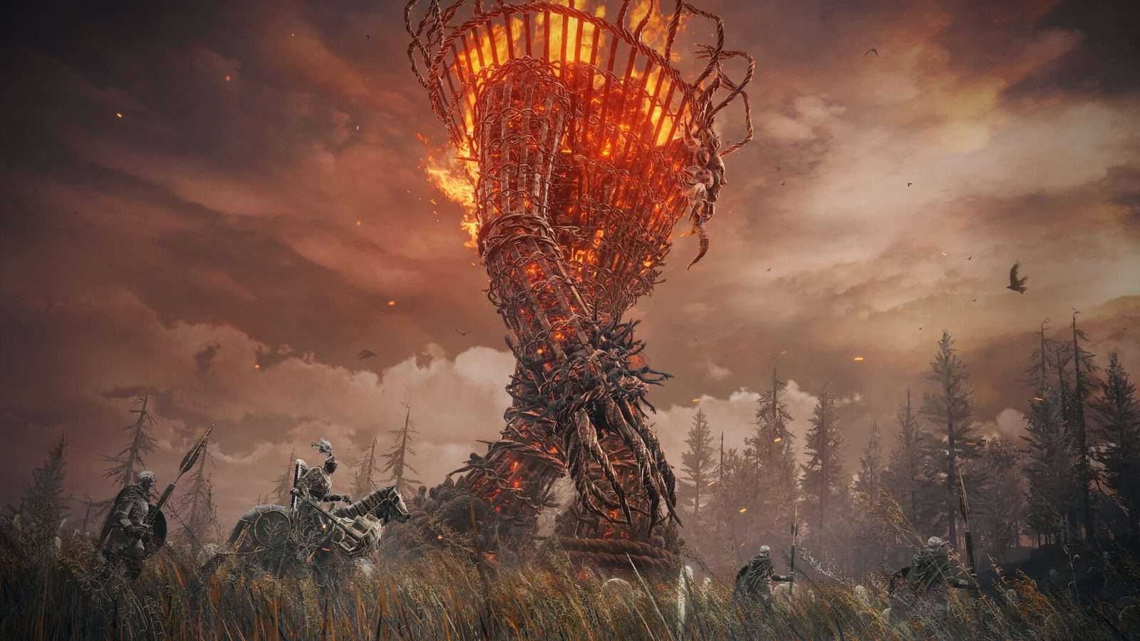 Soldados y un jinete ante un Furnace Golem, un gigante en forma de horno en llamas, en Elden Ring