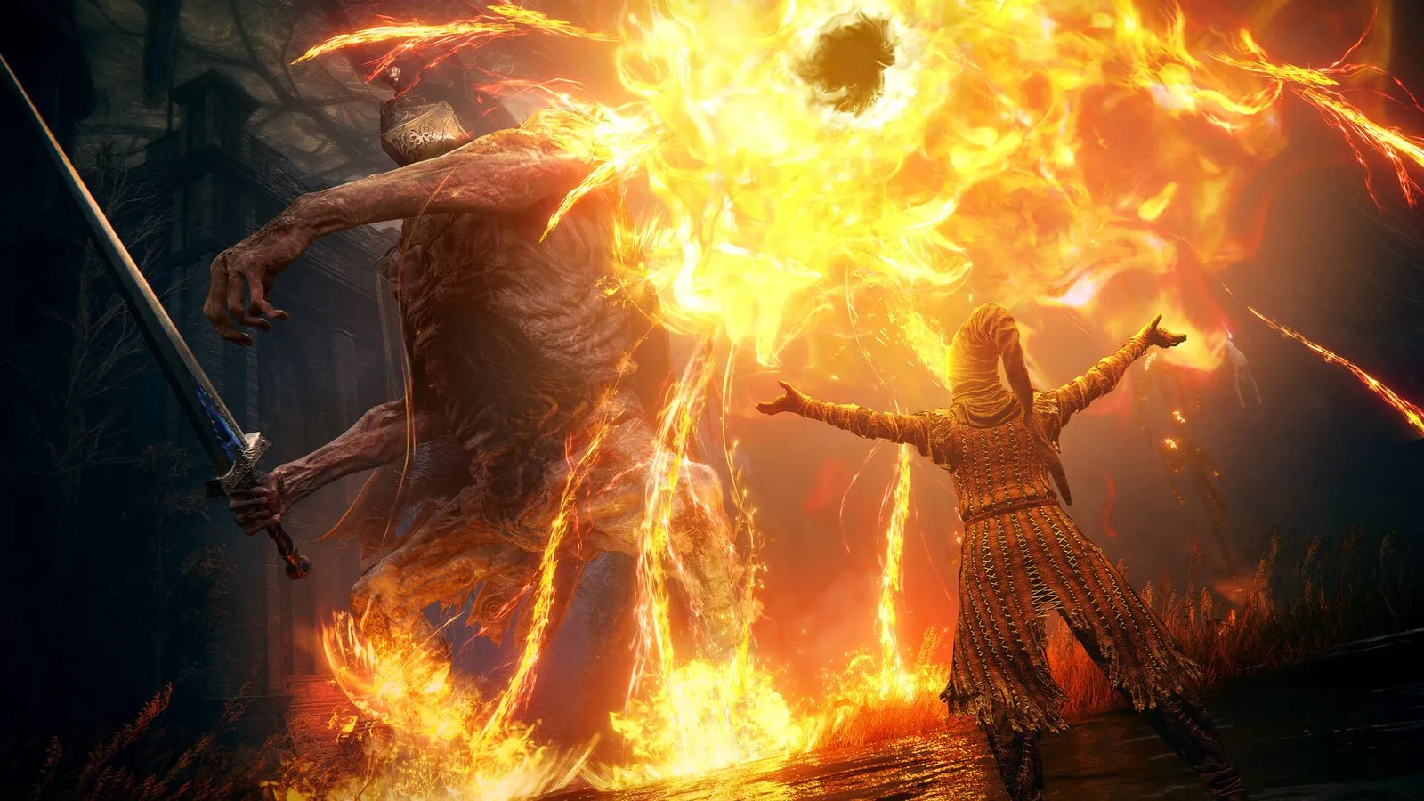 Una criatura gigante con espada frente a una figura encapuchada que lanza un torbellino de llamas en Elden Ring