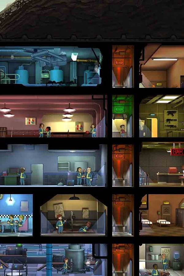 Vault Boy, la mascota de Fallout, en una imagen del juego Fallout Shelter: pulgar arriba junto al corte de un refugio subterráneo lleno de habitaciones