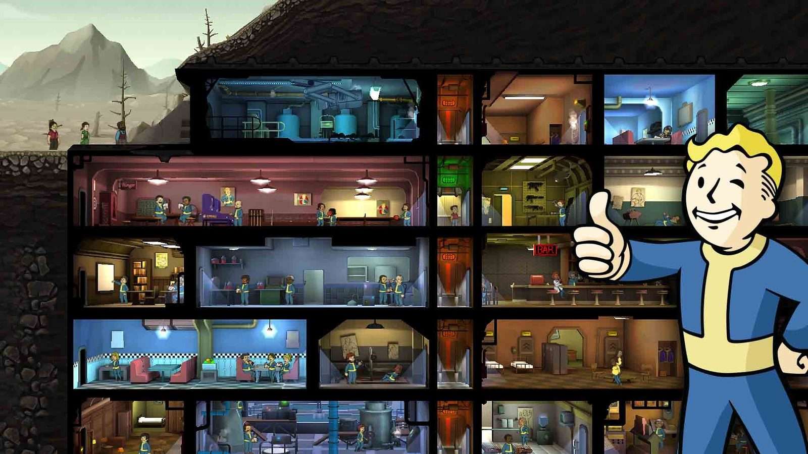 Vault Boy, la mascota de Fallout, en una imagen del juego Fallout Shelter: pulgar arriba junto al corte de un refugio subterráneo lleno de habitaciones