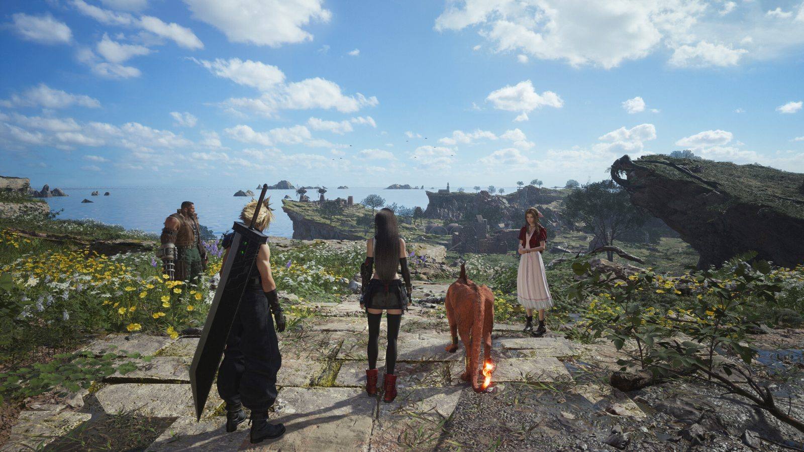 Cloud, Barret, Tifa, Red XIII y Aerith están de pie en un mirador de piedra con flores y miran el mar y unas ruinas