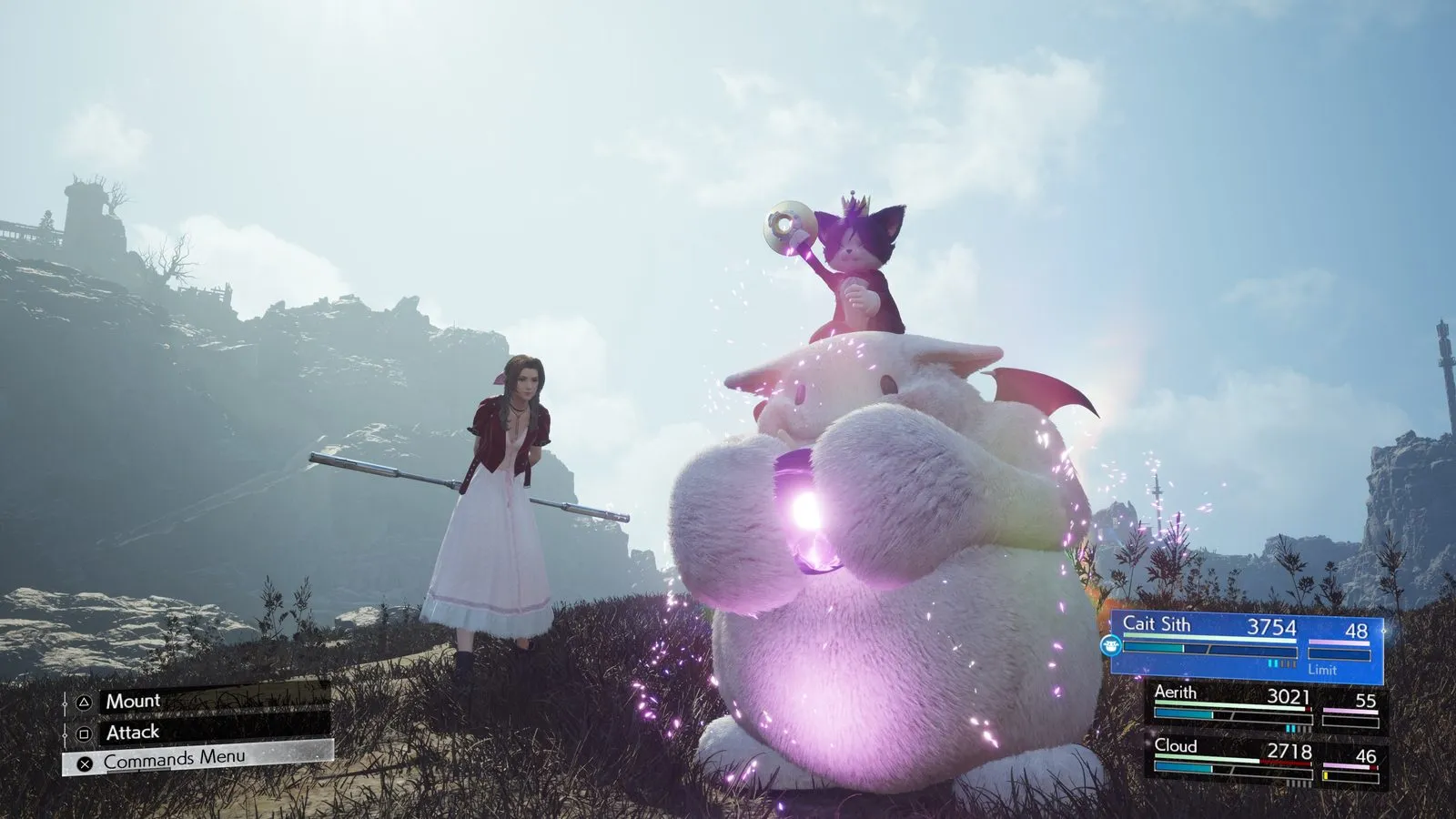 Aerith sostiene su vara junto a Cait Sith, que va sobre un muñeco blanco gigante con alitas rojas que brilla en morado, con el menú de batalla visible