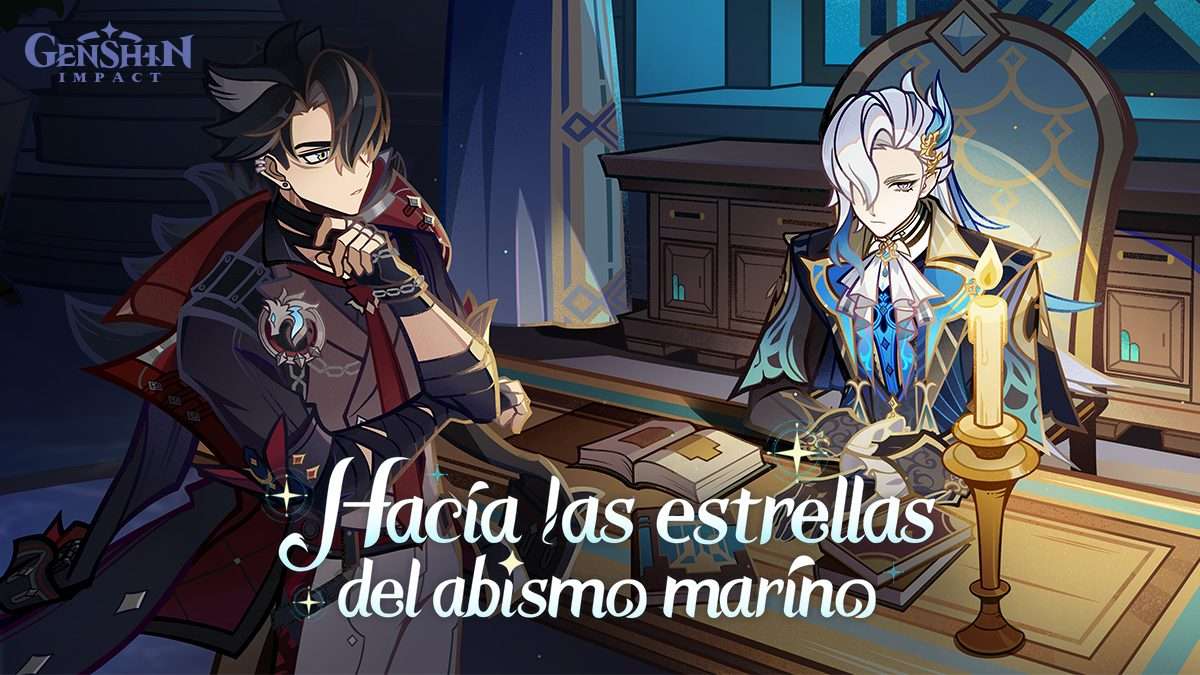 Ilustración oficial de Genshin Impact con Wriothesley y Neuvillette junto a un escritorio con una vela y el título de la versión 4.1