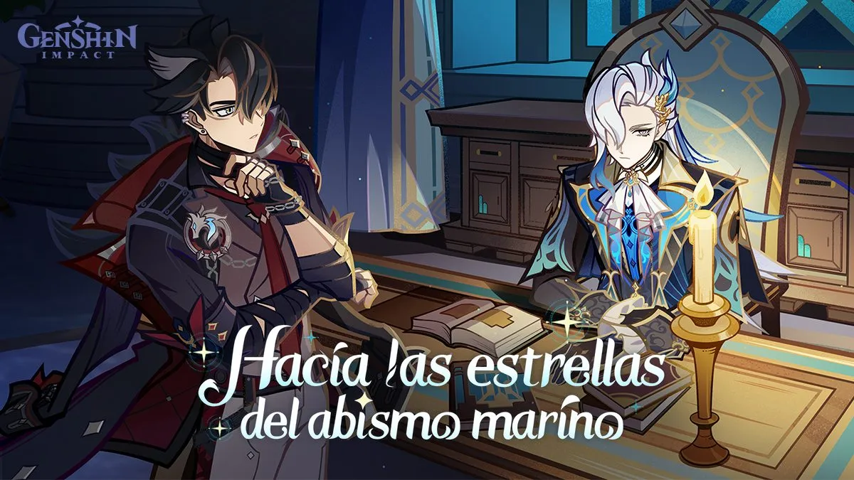 Ilustración oficial de la versión 4.1 de Genshin Impact con Wriothesley y Neuvillette en una sala con una vela