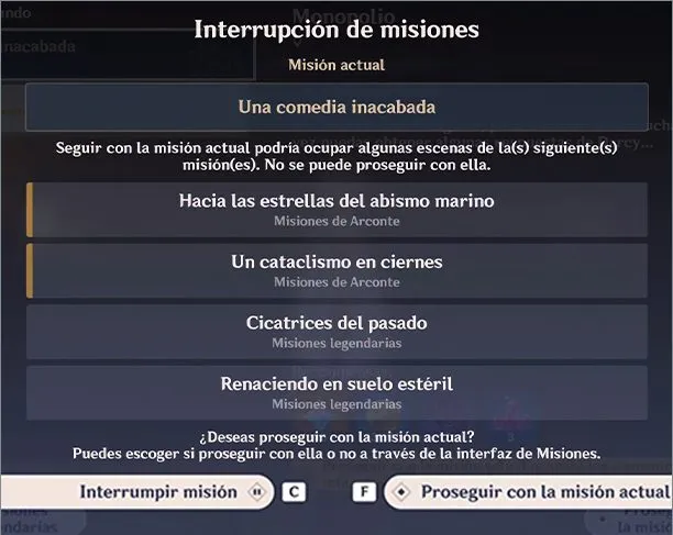 Ventana Interrupción de misiones con Una comedia inacabada y las misiones afectadas