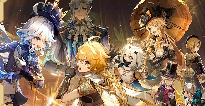 Arte oficial de la versión 4.0 con Furina, Neuvillette, el Viajero, Paimon y Navia