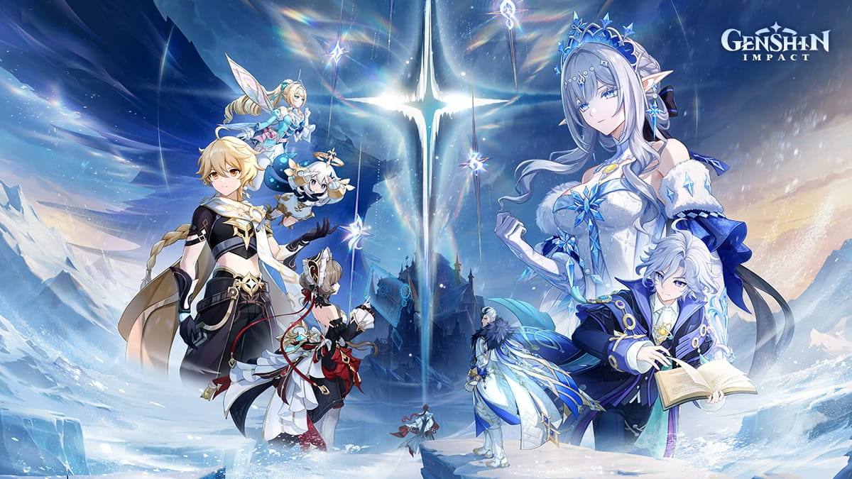 Arte promocional de la versión 7.2 de Genshin Impact con el Viajero, Paimon y otros personajes sobre un paisaje nevado bajo una estrella de luz