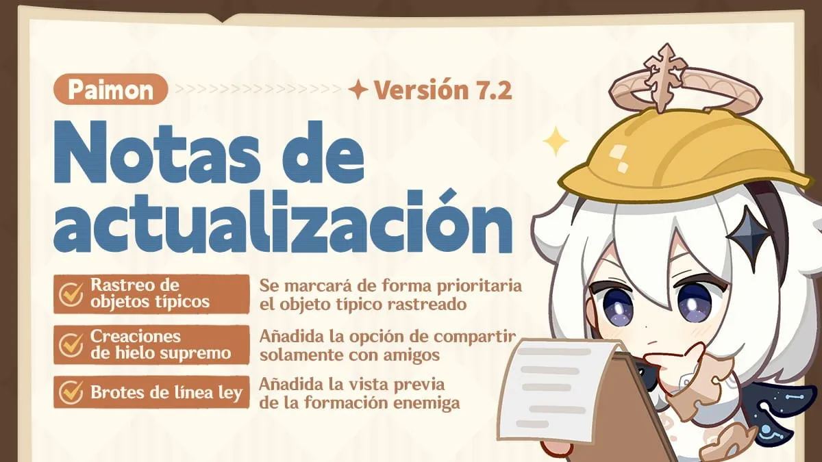 Cabecera de las notas de actualización de la versión 7.2 con Paimon con casco amarillo y las tres mejoras de la versión: rastreo de objetos típicos, creaciones de hielo supremo y brotes de línea ley