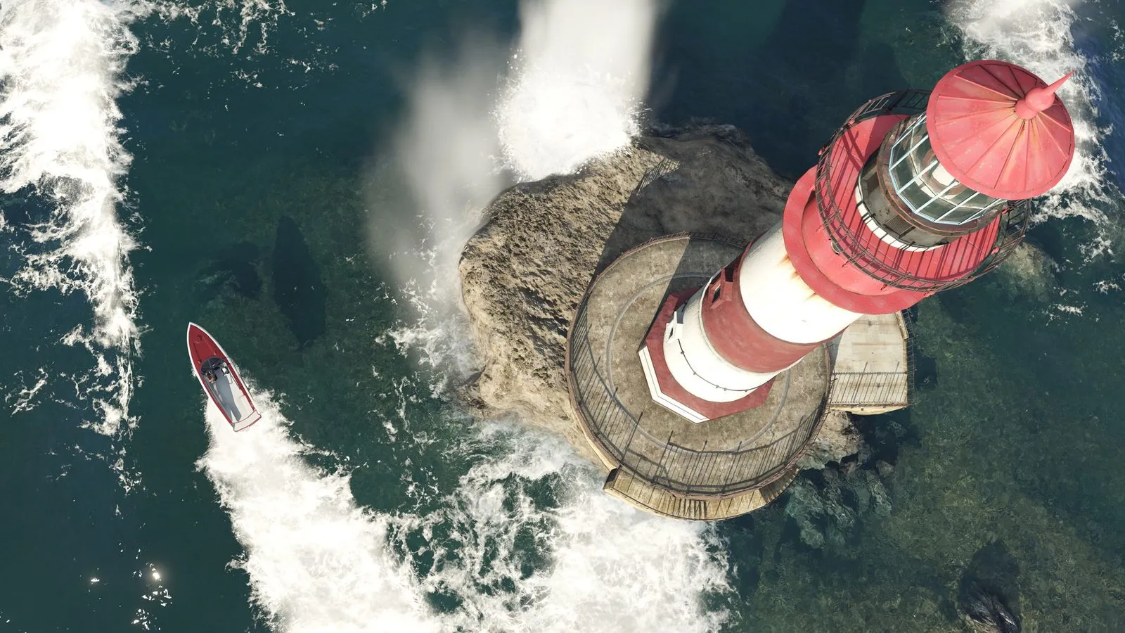 Faro sobre una roca en el océano de San Andreas, visto desde arriba