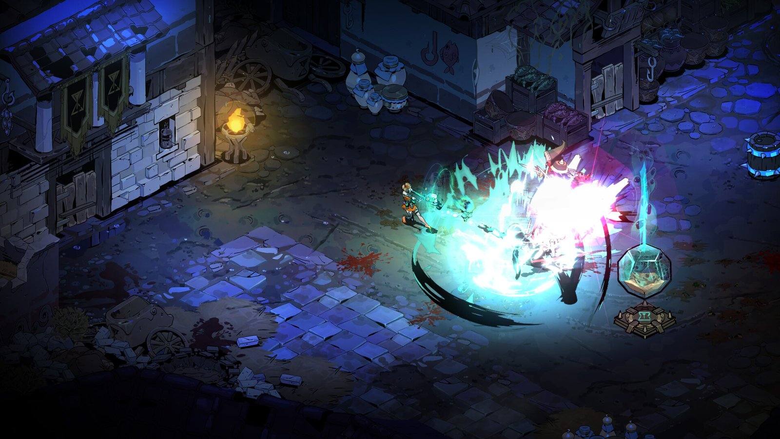 Un personaje combate con un destello de luz azul frente a un edificio de piedra con estandartes, vista desde arriba