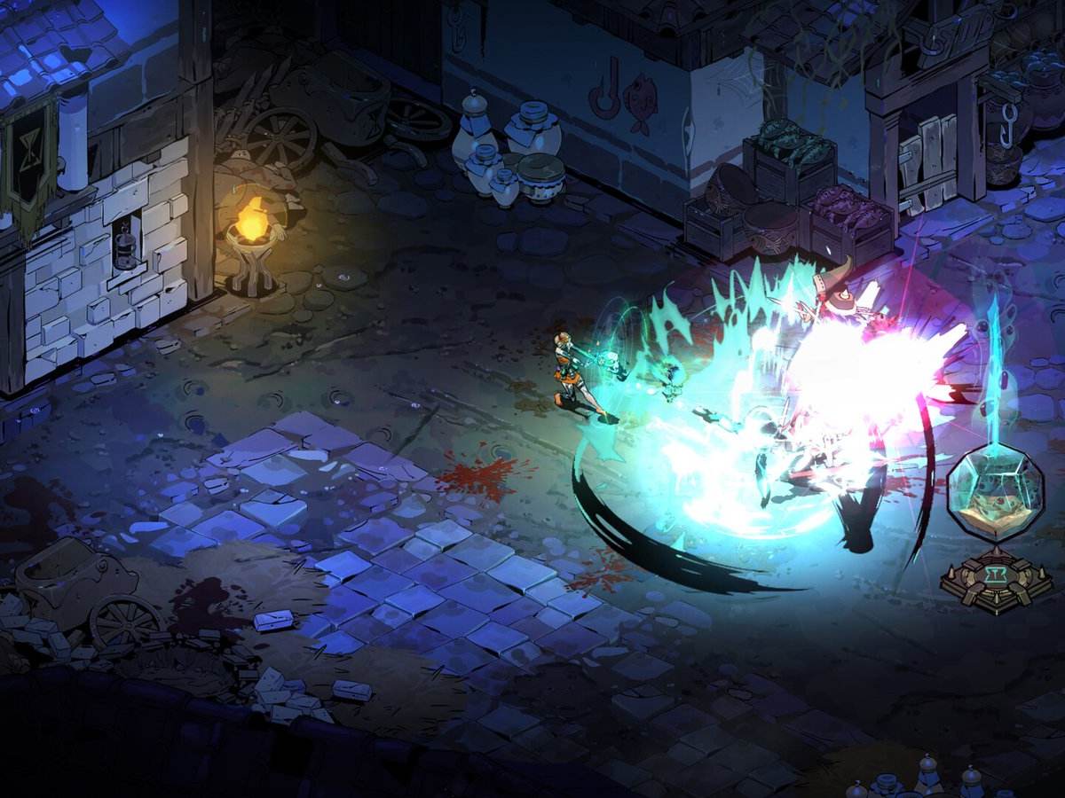 Un personaje combate con un destello de luz azul frente a un edificio de piedra con estandartes, vista desde arriba