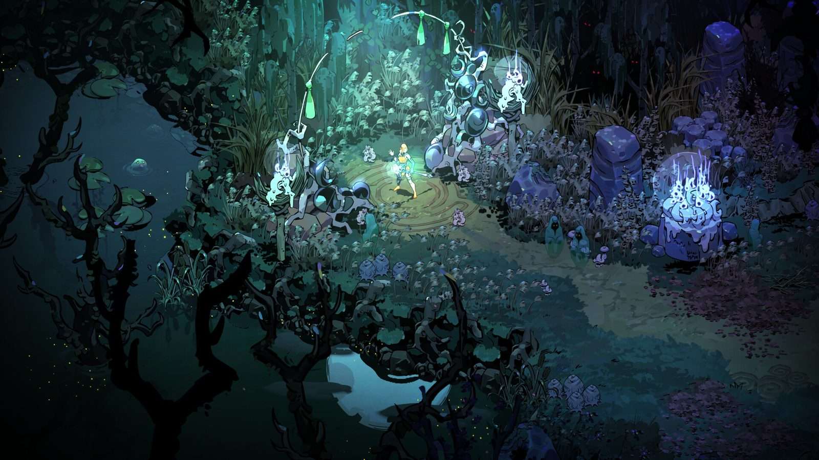 Melínoe en un claro de un bosque oscuro y pantanoso de Hades II, rodeada de plantas, estatuas con luz azul y un estanque