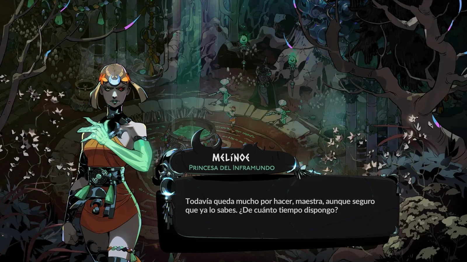 Melínoe con un cuadro de diálogo en español frente a un jardín con calderos en el Crossroads de Hades II