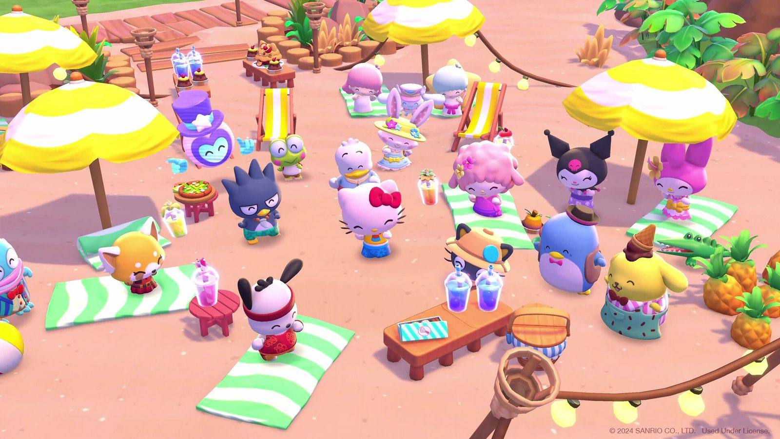 Hello Kitty y otros personajes de Sanrio descansan en una playa con sombrillas amarillas y vasos con bebidas de colores