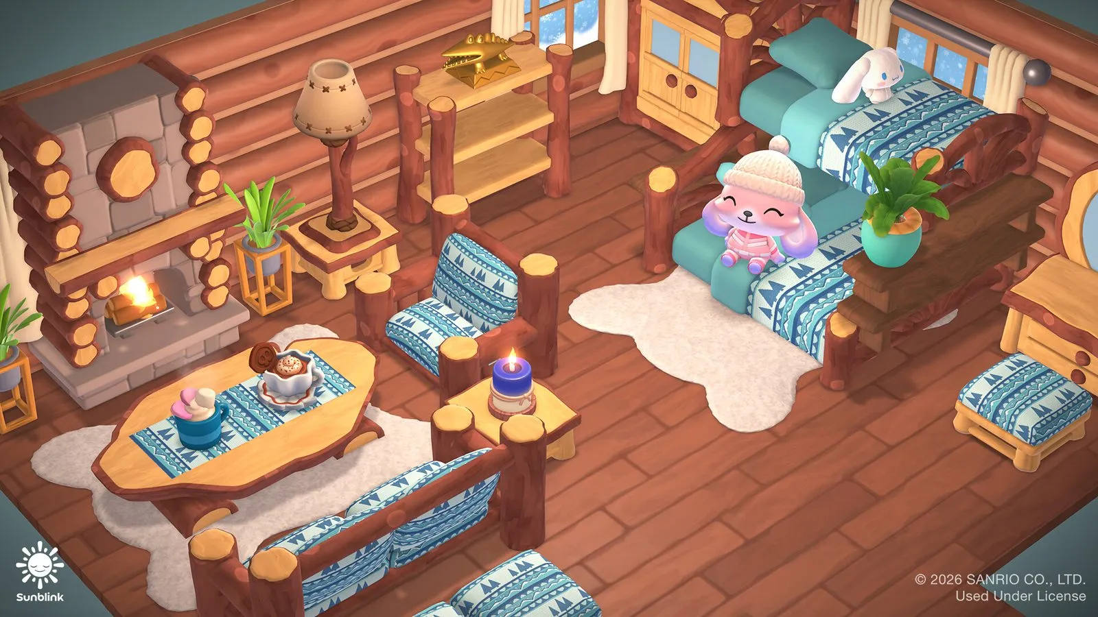 Una taza con malvaviscos y un café con crema sobre la mesa de una cabaña de troncos con chimenea; al fondo, un personaje con gorro en la cama