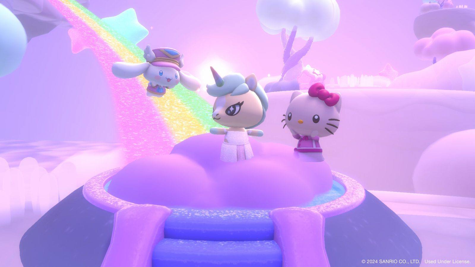 Cinnamoroll vuela junto a un arcoíris mientras un unicornio y Hello Kitty están sobre una nube morada, en un paisaje de nubes