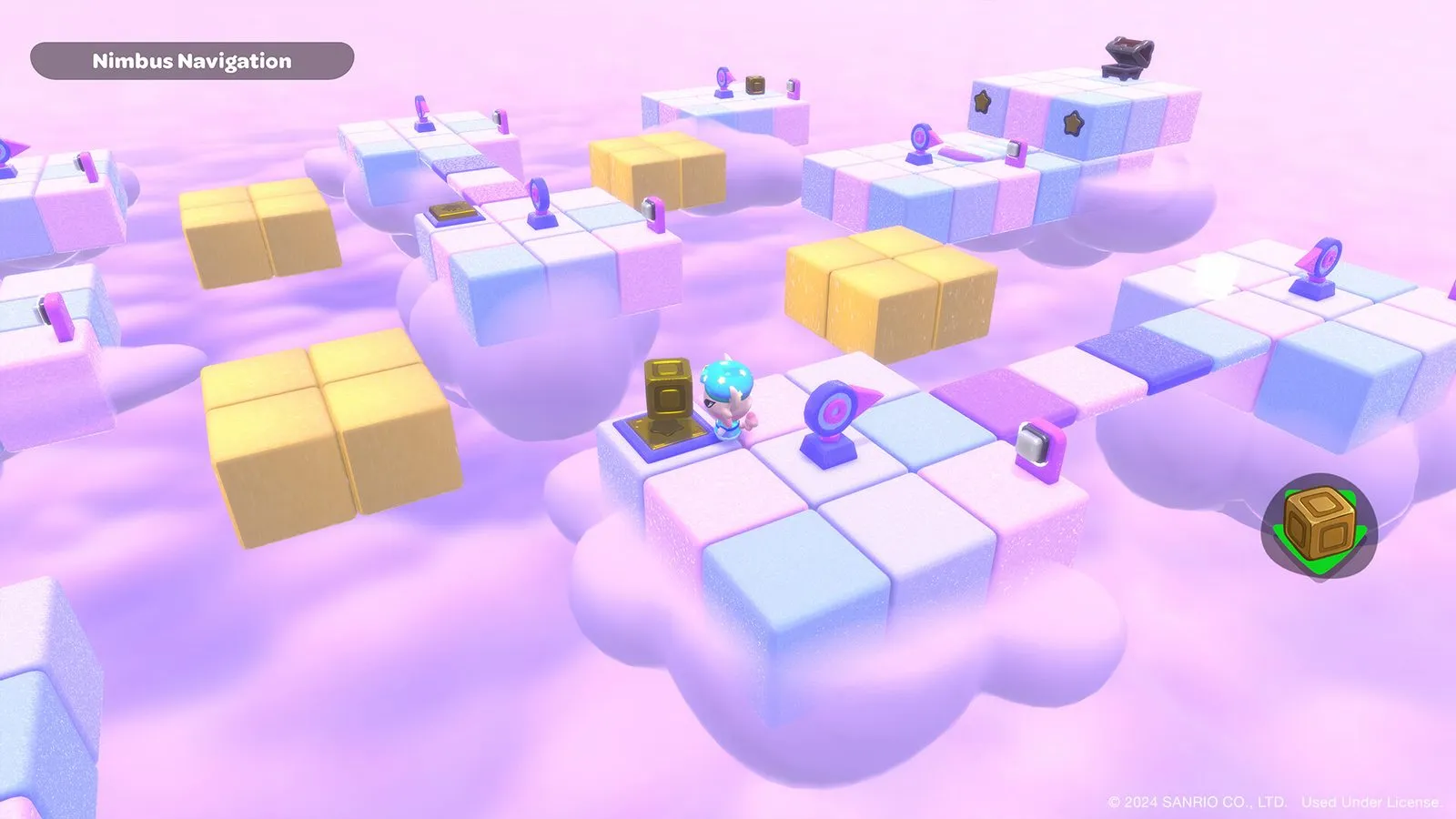 Un personaje con gorro azul avanza sobre bloques de colores que flotan entre nubes rosadas, en un acertijo llamado Nimbus Navigation