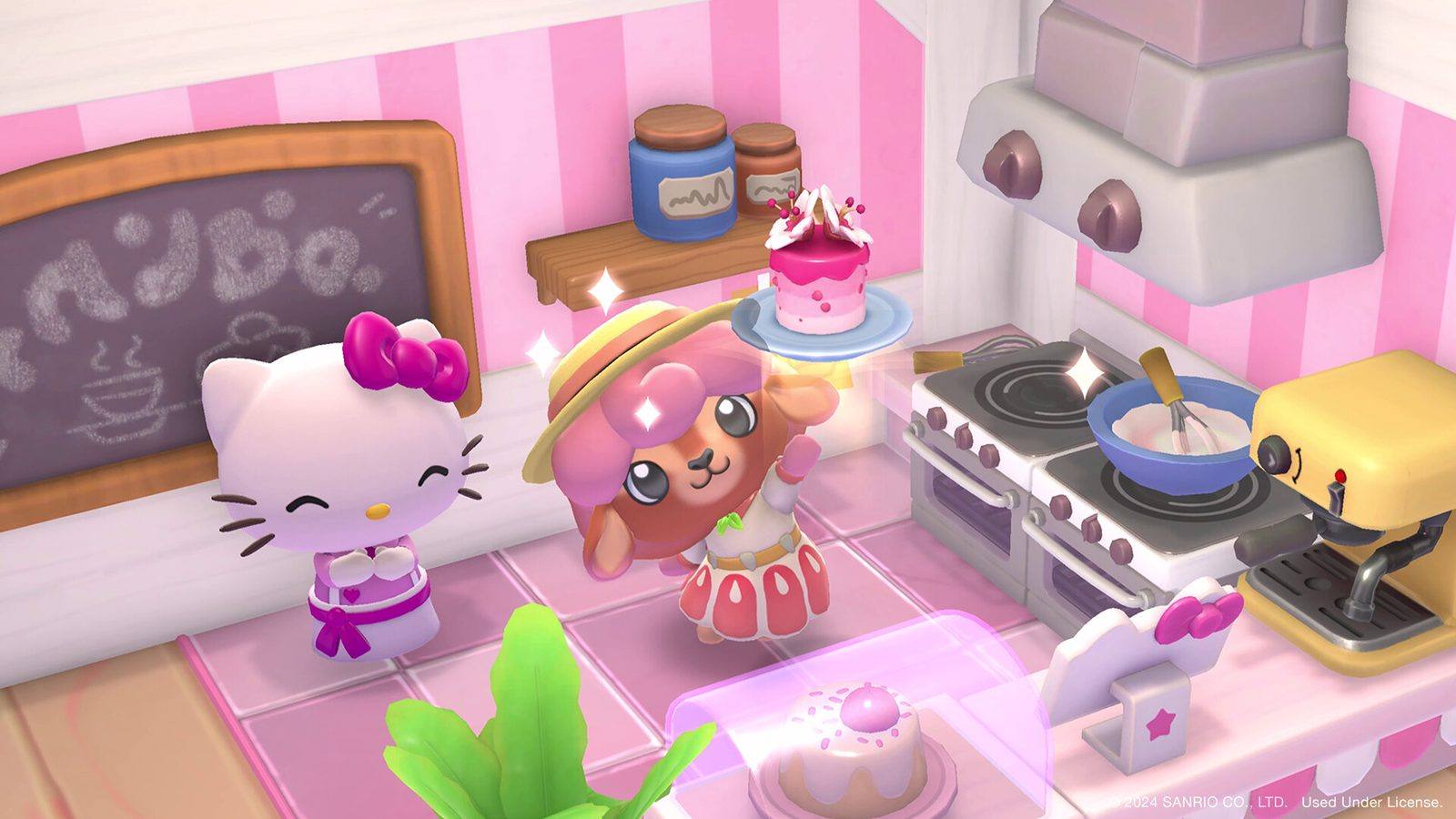 Hello Kitty y una amiga con sombrero de paja que levanta un pastel rosa, en la cocina rosa del café con hornos y estufas