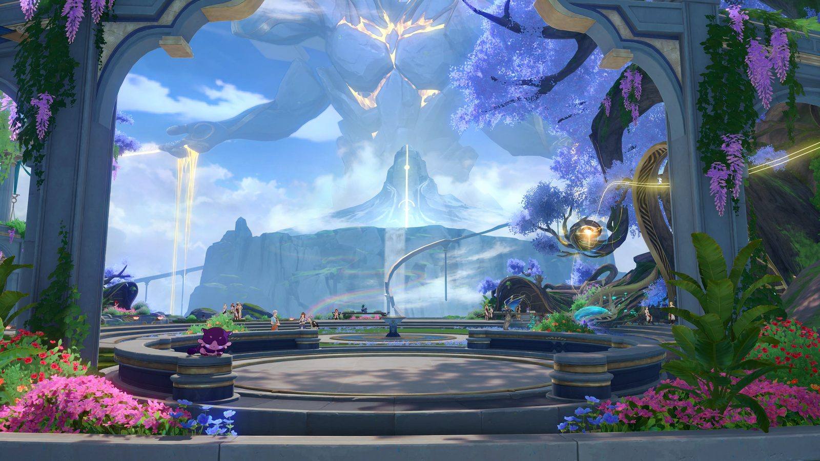 Plaza con flores y árboles de glicinas violetas bajo una gigantesca figura de piedra en el cielo, en Honkai: Star Rail