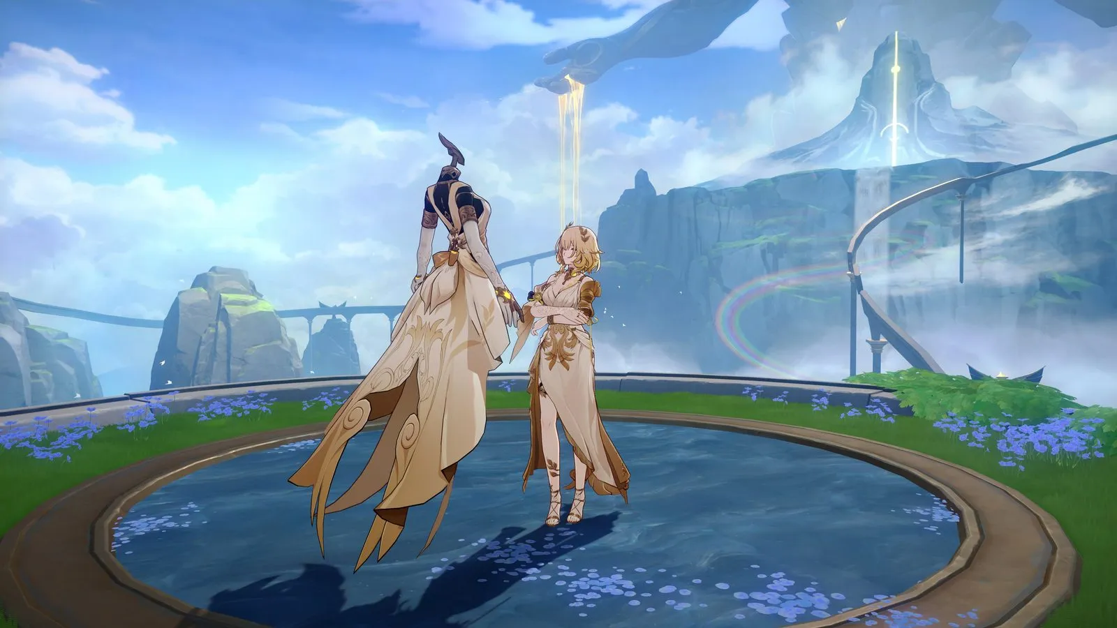 Aglaea junto a su Garmentmaker, una figura flotante sin cabeza con vestido dorado, sobre un estanque con flores azules en Honkai: Star Rail