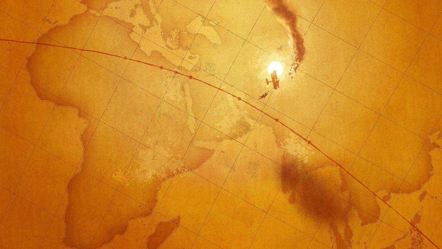 Mapa antiguo en tonos ámbar con una ruta roja que cruza África y Asia y un biplano del que cuelga una persona
