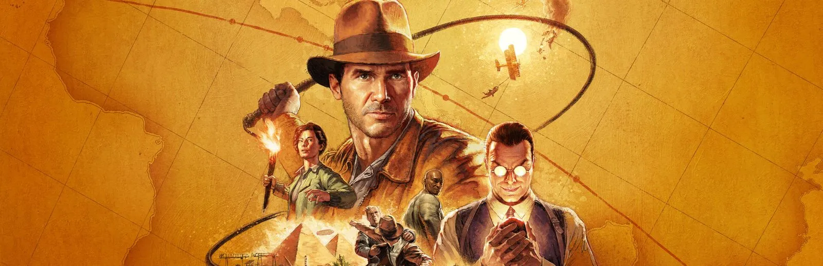 Arte oficial: Indiana Jones con sombrero y látigo, una mujer con antorcha, un hombre con anteojos redondos y las pirámides, sobre un mapa antiguo