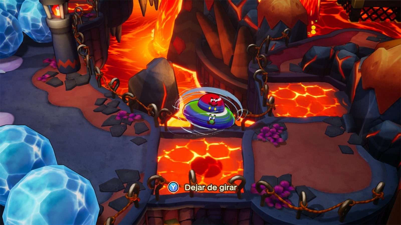 Captura de Mario & Luigi: Brothership: Mario y Luigi giran como un ovni sobre una plataforma rodeada de lava, con el texto Dejar de girar en pantalla