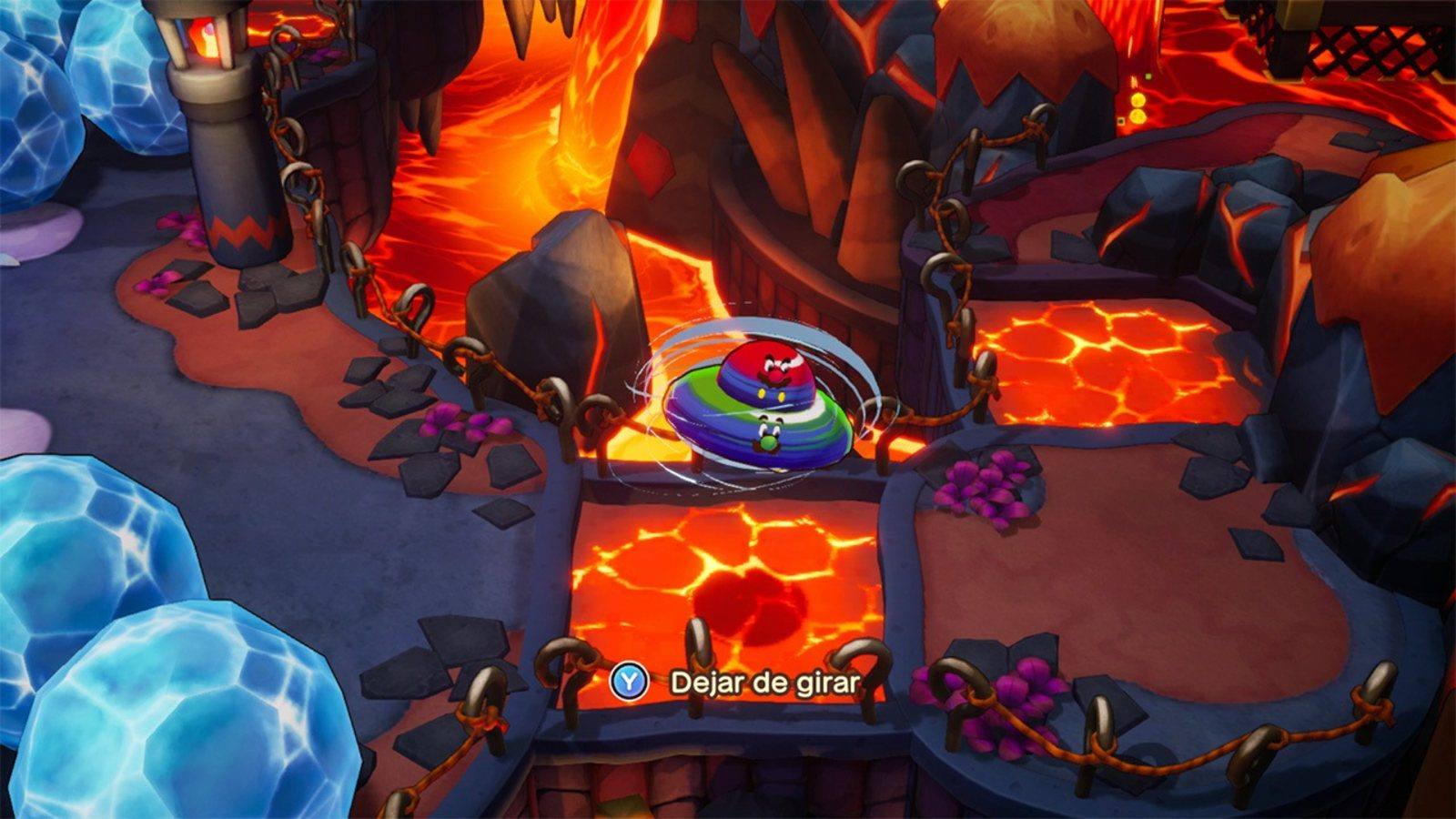 Captura de Mario & Luigi: Brothership: Mario y Luigi giran como un ovni sobre una plataforma rodeada de lava, con el texto Dejar de girar en pantalla