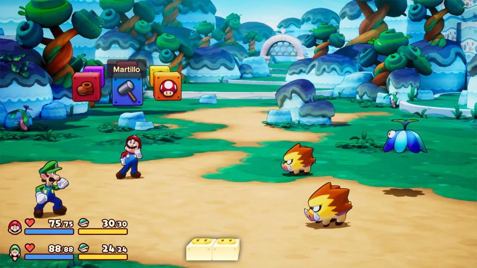 Mario y Luigi frente a dos criaturas de melena naranja en un campo, con el menú de acciones que muestra Martillo