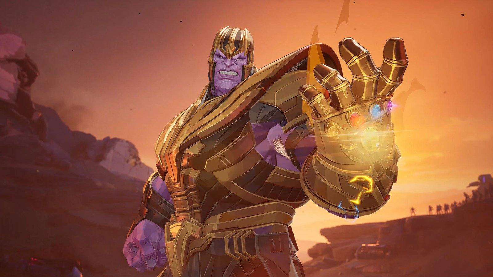 Thanos con el Guantelete del Infinito en la mano, con armadura dorada, bajo un cielo anaranjado