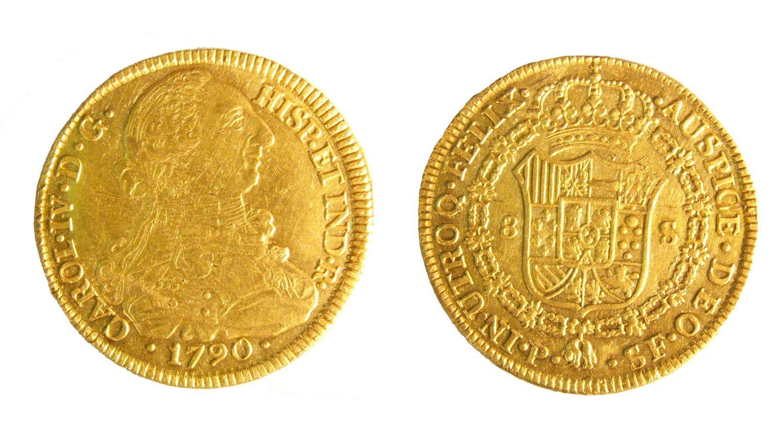 Anverso y reverso de un doblón español de oro de 8 escudos del rey Carlos IV, fechado en 1790.