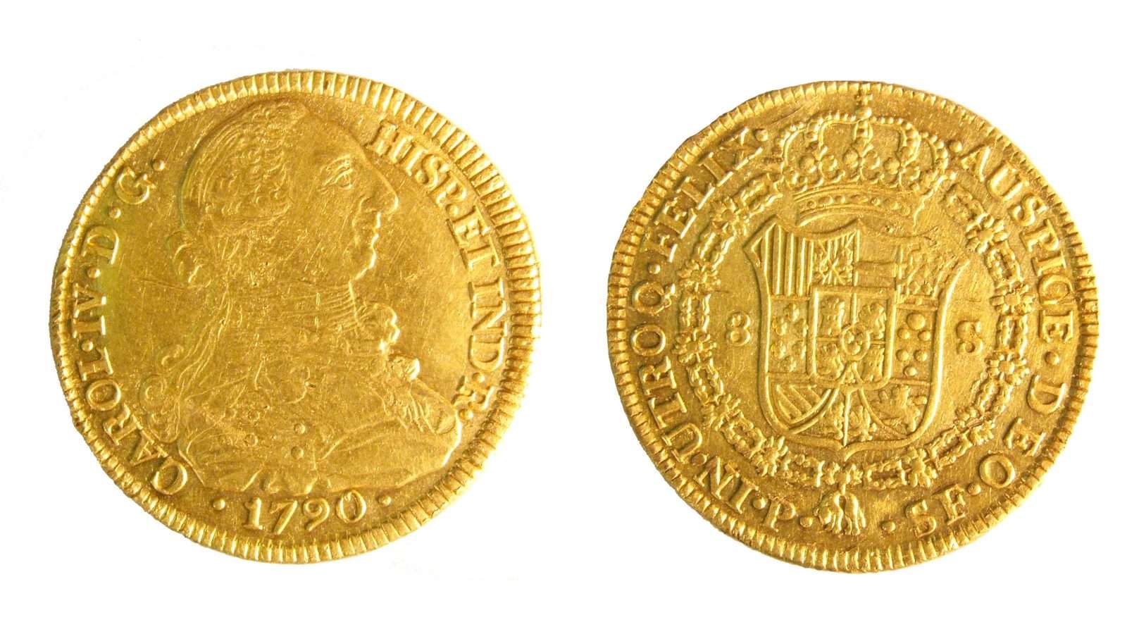 Anverso y reverso de un doblón español de oro de 8 escudos del rey Carlos IV, fechado en 1790.