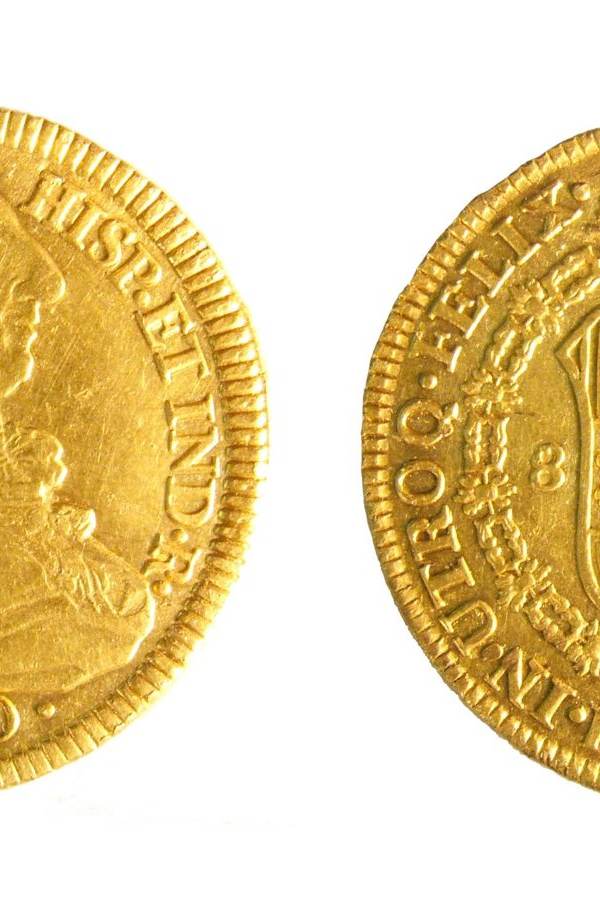 Anverso y reverso de un doblón español de oro de 8 escudos del rey Carlos IV, fechado en 1790.