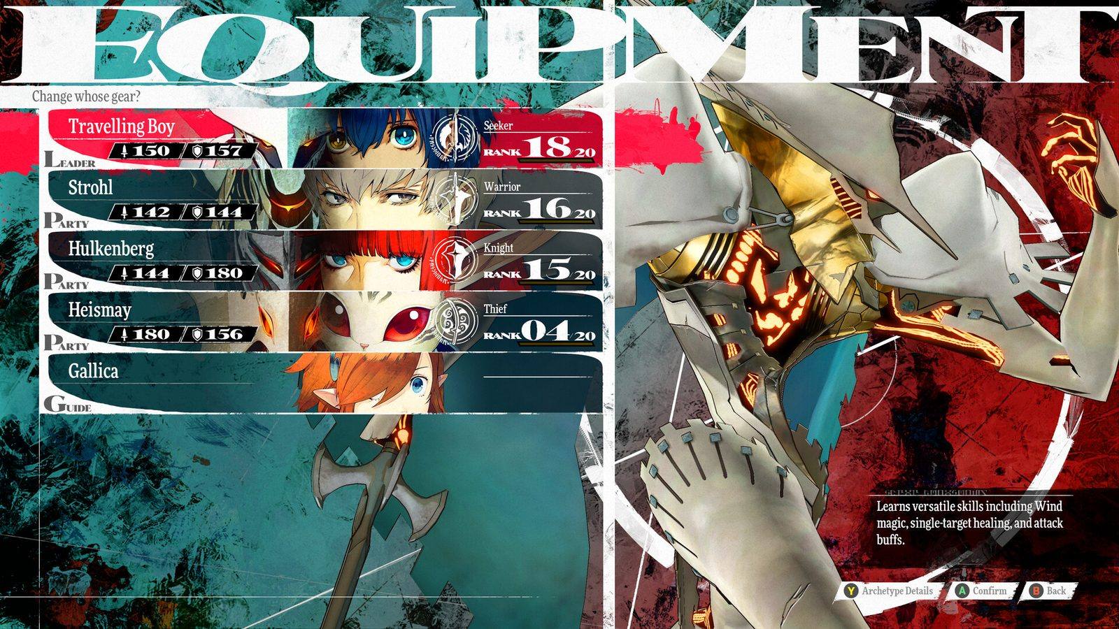 Pantalla Equipment de Metaphor: ReFantazio con cuatro personajes y sus arquetipos Seeker, Warrior, Knight y Thief, y la descripción de un arquetipo