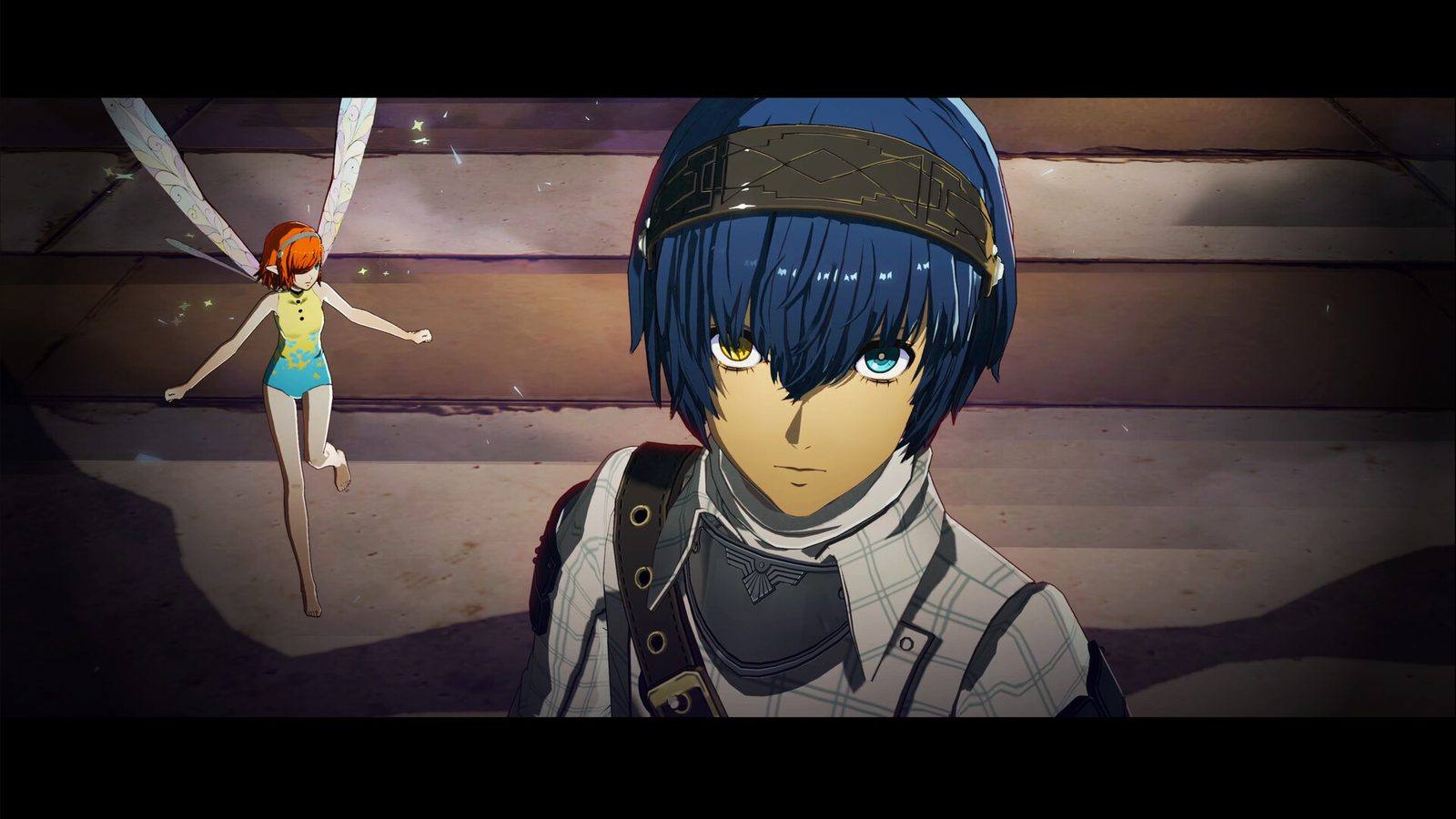 El protagonista de Metaphor: ReFantazio, de pelo azul y con una banda en la frente, mira al frente mientras el hada Gallica vuela detrás