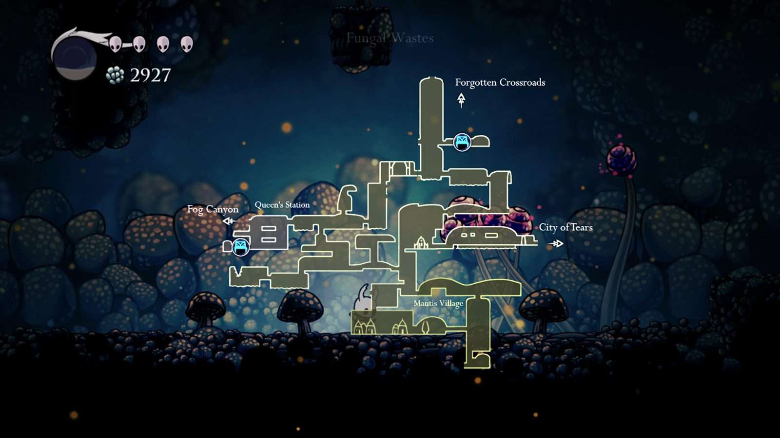 Mapa de una zona de Hollow Knight con salas conectadas y nombres de zonas sobre un fondo oscuro de hongos