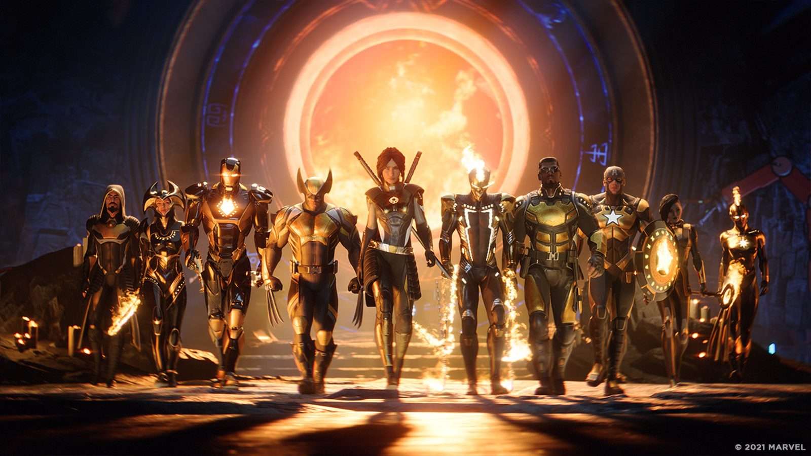 Un grupo de héroes de Marvel's Midnight Suns camina hacia un portal circular que brilla con luz anaranjada