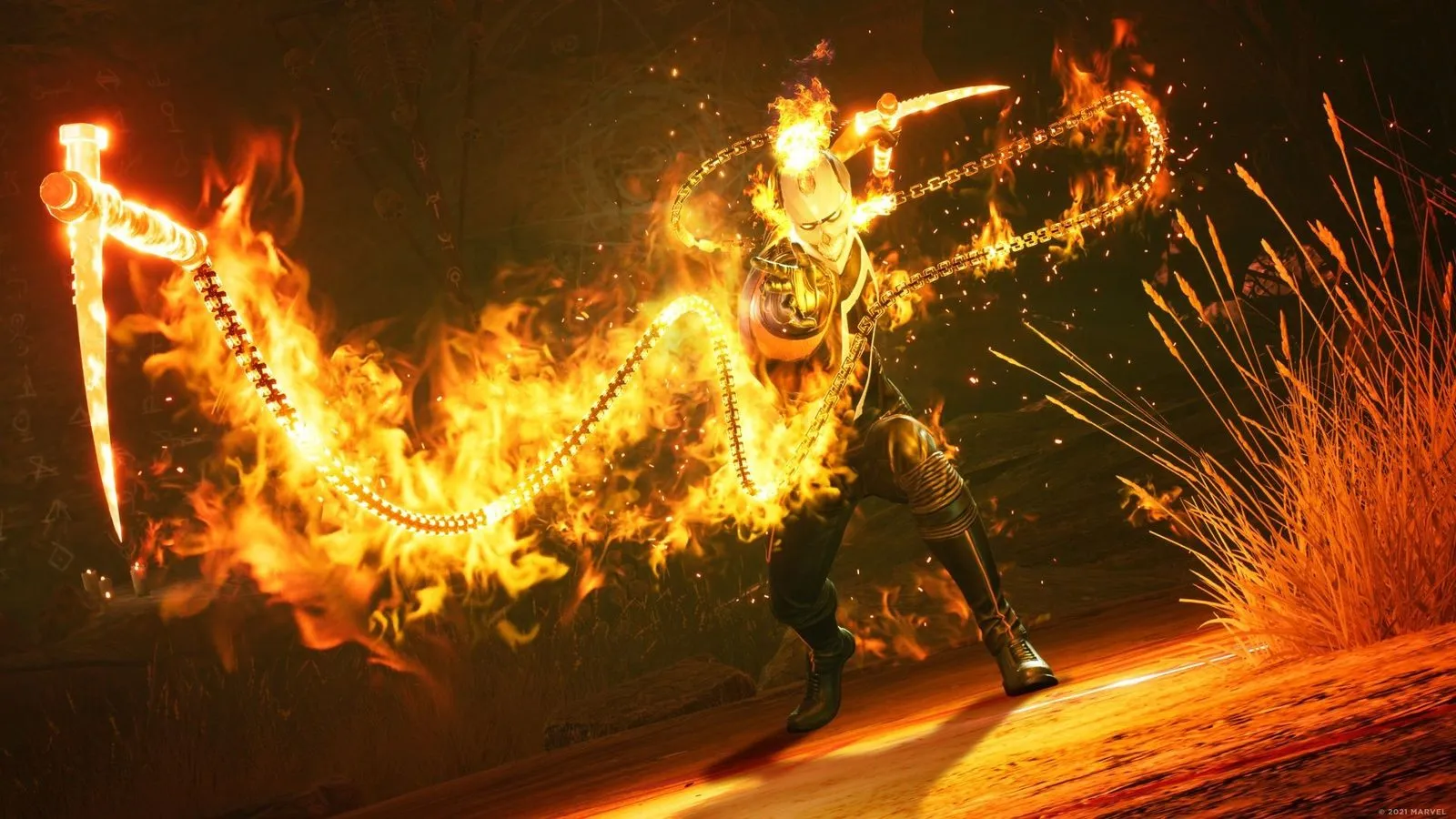 Ghost Rider envuelto en llamas gira una cadena de fuego junto a una guadaña ardiente
