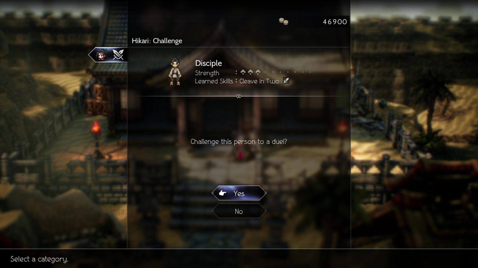Pantalla de Octopath Traveler II que pregunta si quieres retar a duelo a un discípulo con la acción de camino Challenge de Hikari