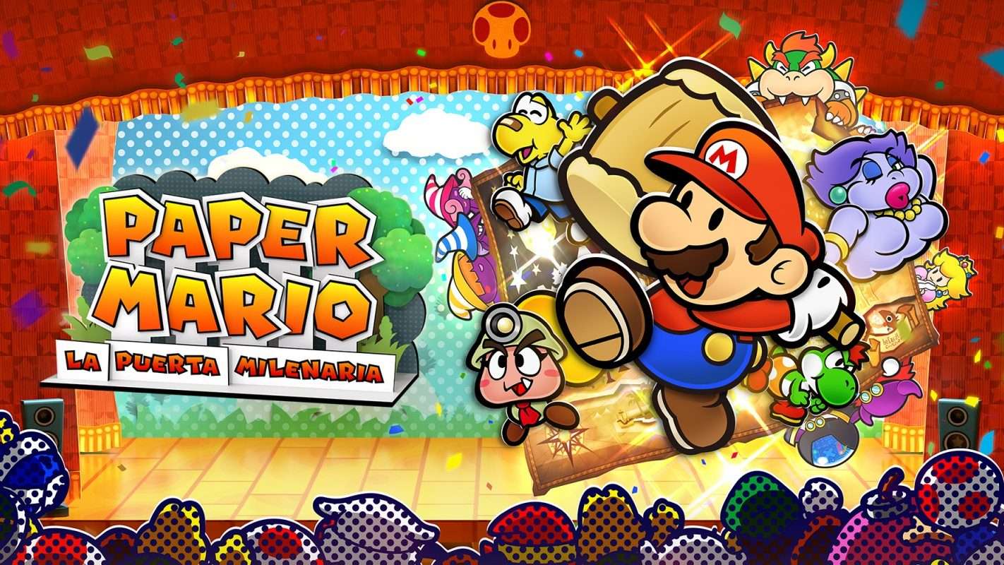 Arte oficial de Paper Mario: La puerta milenaria (logo en español) con Mario y su martillo, Bowser y otros personajes de papel ante un escenario de teatro con confeti