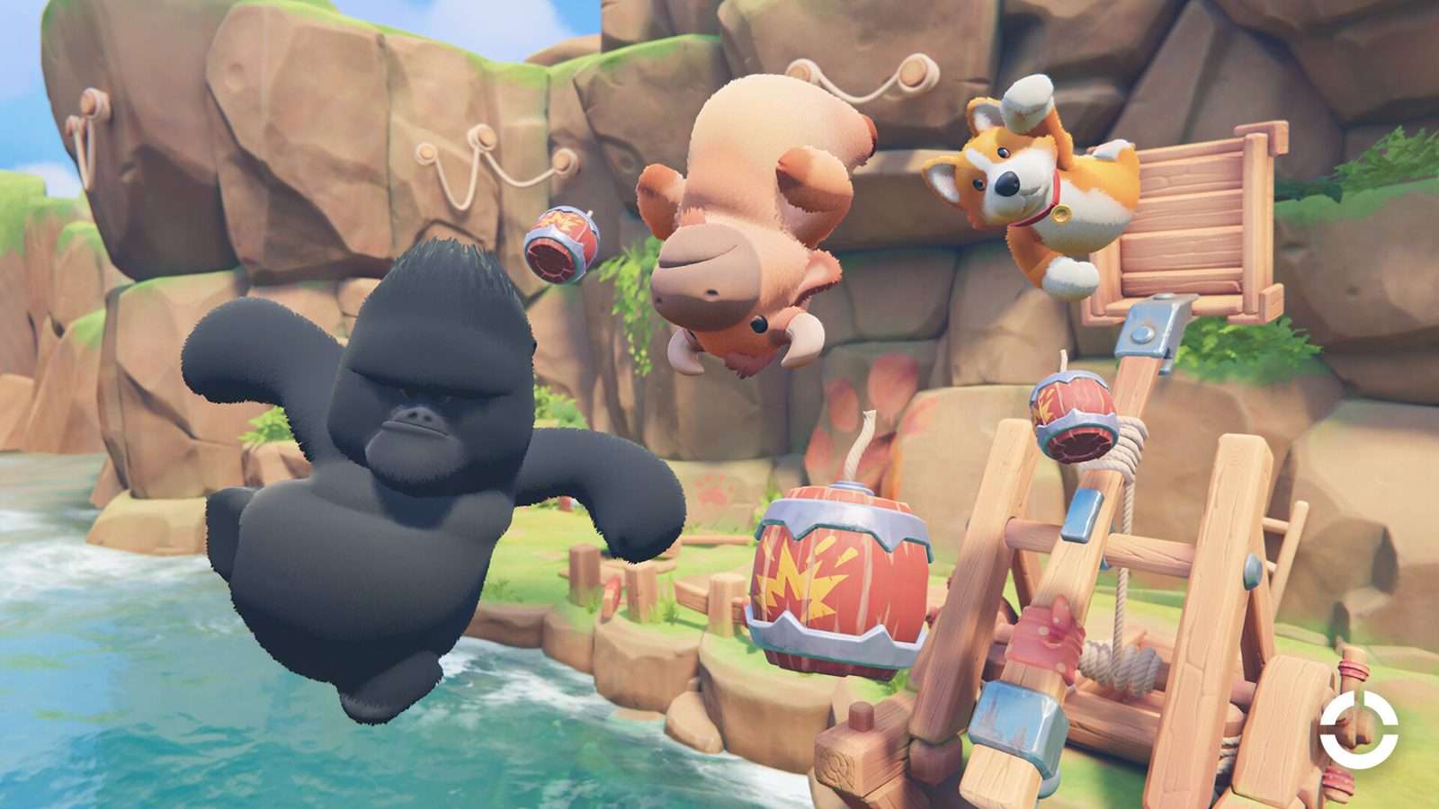 Un gorila negro, un bisonte y un corgi salen despedidos por el aire junto a barriles y una catapulta de madera en Party Animals