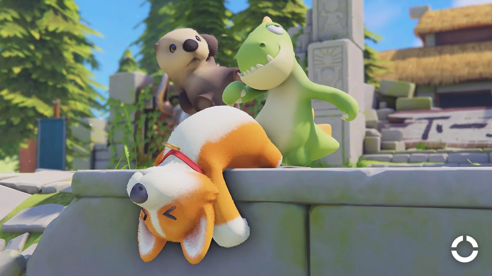 Un corgi cuelga boca abajo del borde de un muro de piedra con un dinosaurio verde y otro animal sobre el muro, detrás de él