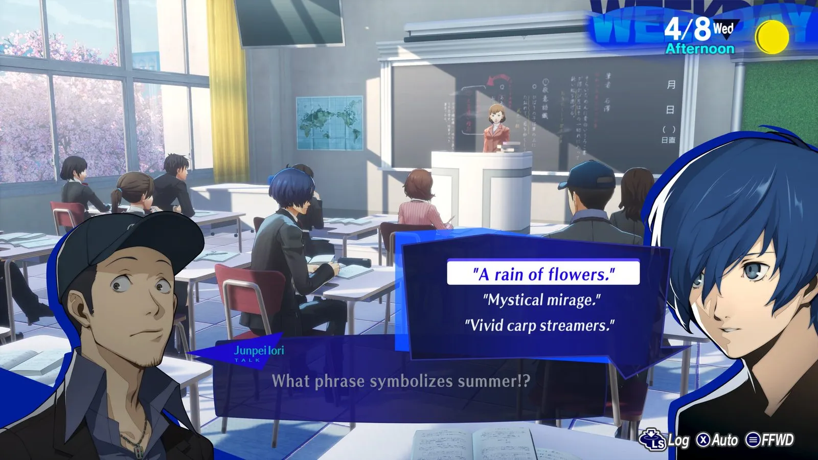 Una clase de Persona 3 Reload: el protagonista sentado, una profesora ante la pizarra y tres respuestas en pantalla sobre qué frase simboliza el verano