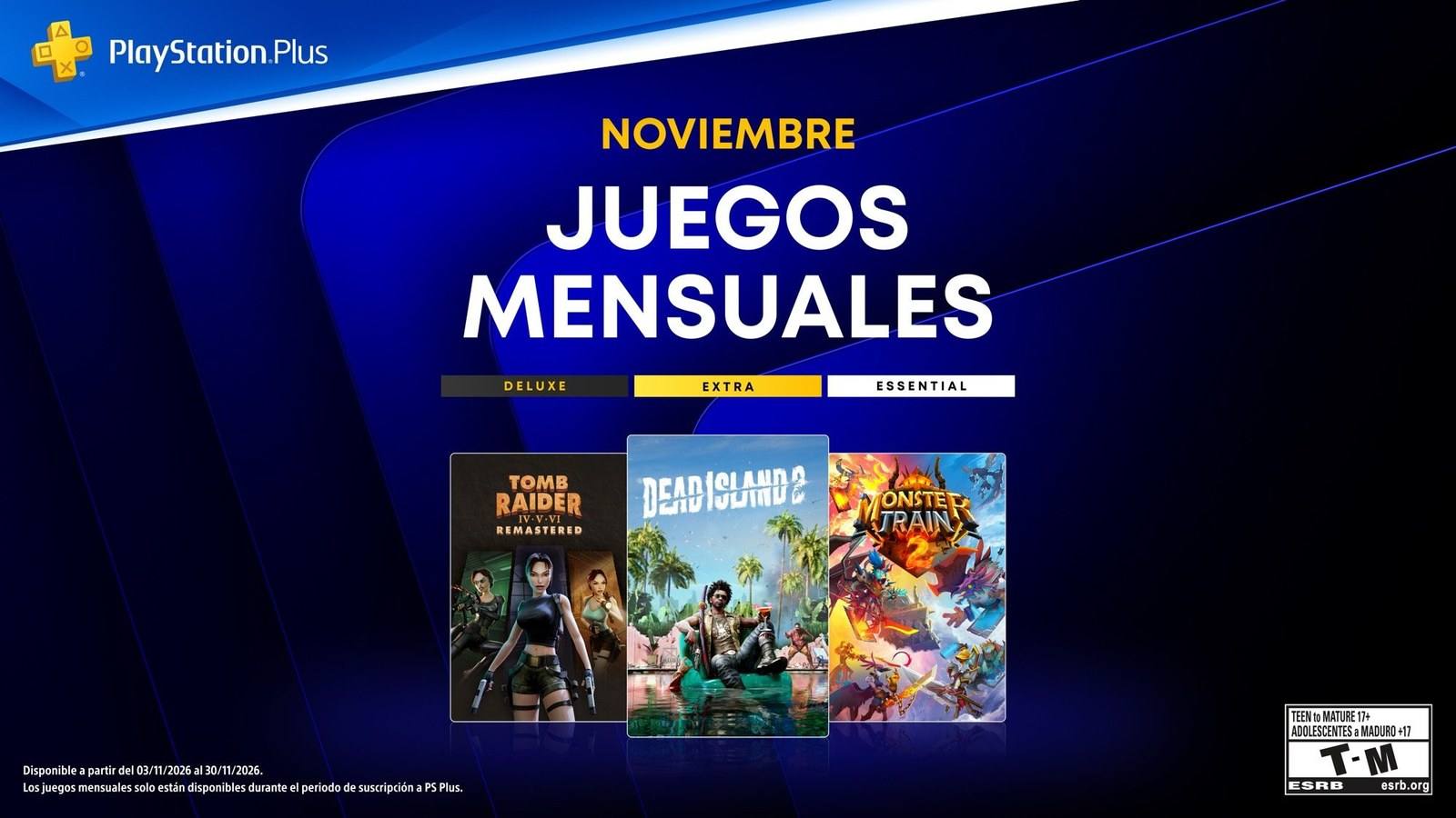 Gráfico oficial de los juegos mensuales de noviembre de PlayStation Plus con las carátulas de Tomb Raider IV – VI Remastered, Dead Island 2 y Monster Train 2