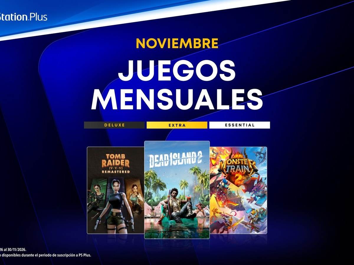 Gráfico oficial de los juegos mensuales de noviembre de PlayStation Plus con las carátulas de Tomb Raider IV – VI Remastered, Dead Island 2 y Monster Train 2