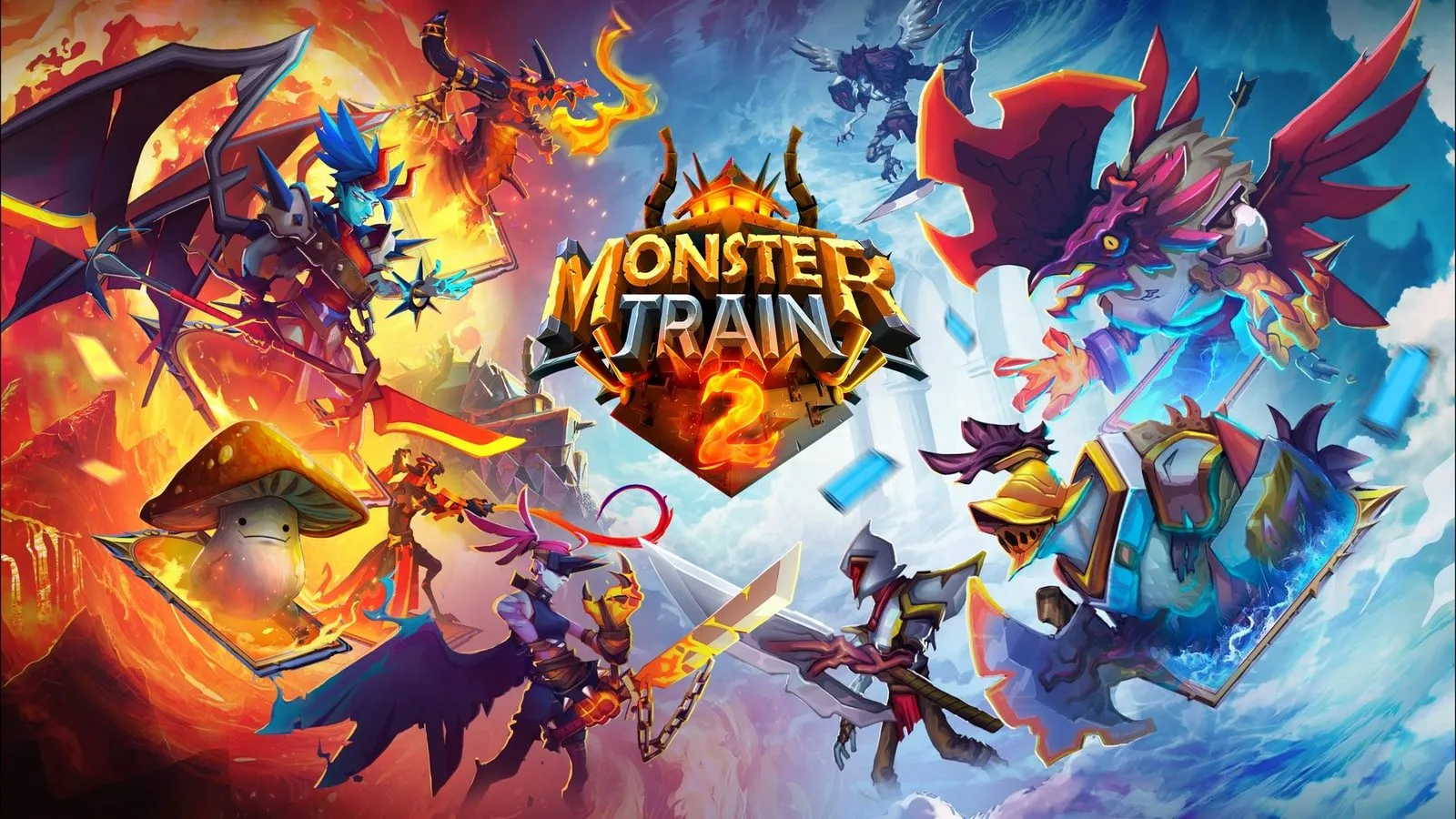 Arte promocional de Monster Train 2 con el logotipo del juego y criaturas de fuego, hielo y alas sobre fondo naranja y celeste