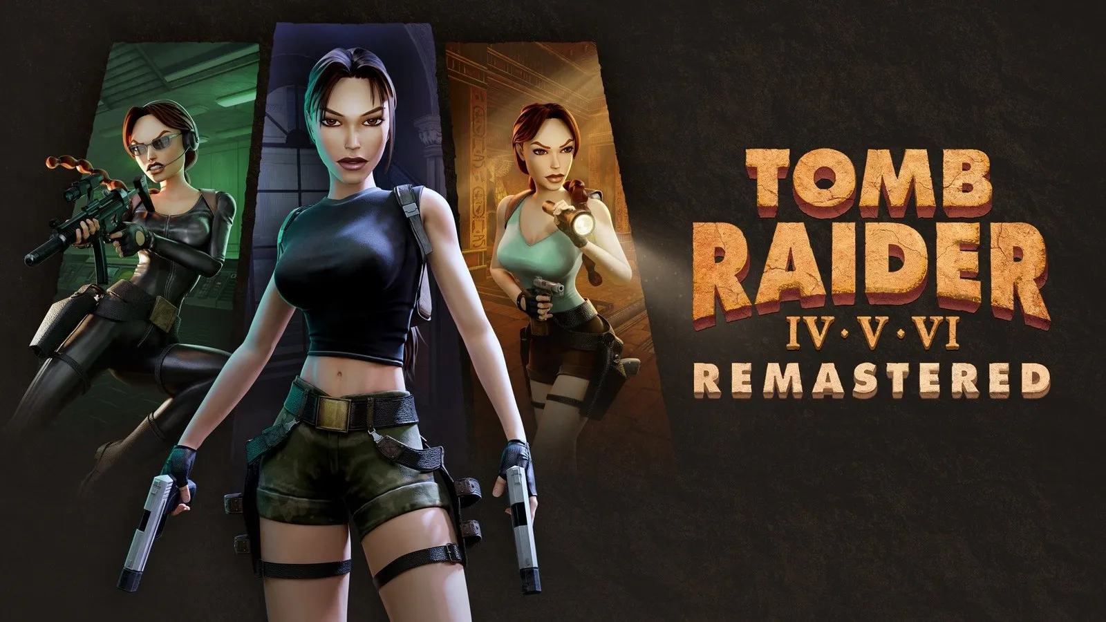 Arte promocional de Tomb Raider IV – VI Remastered con tres versiones de Lara Croft sobre fondo marrón y el logotipo de la colección